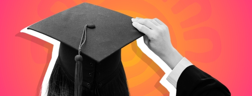 Event flyer for “Llegamos,” the Latinx Success Center Senior Lunch. A graduate in a cap and gown is shown from behind against a bright pink and orange background. Text reads: “Latinx Success Center Senior Lunch,” “May 28, 3 PM to 5 PM,” and “Latinx Success Center.”