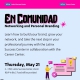 Flyer for “En Comunidad: Networking and Personal Branding” hosted by the UCLA Latinx Success Center and UCLA Career Center on Thursday, May 21, from 2–3 PM at the Latinx Success Center and on Zoom. The graphic includes pink and black branding with illustrations representing networking, communication, and digital professional development.