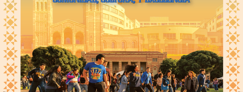 Promotional flyer for the UCLA Latinx Success Center’s 5th Annual Latinx Welcome. The event theme is “Comunidad, Cultura, y Excelencia” and features a colorful UCLA campus scene with students dancing in Wilson Plaza, Latin American flags, hummingbirds, red roses, and decorative geometric patterns. The flyer reads: “Bienvenidos a UCLA” and lists the event for October 8, 2026, from 4:00–6:00 PM at Wilson Plaza. A QR code for RSVP and logos of participating UCLA campus partners appear at the bottom.